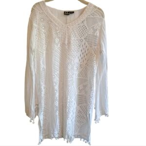 S R. Fashion White Crochet Tunic Beach Cover‎ Up Size L Cotton Tassel Trim Boho